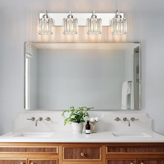 Modern Bathroom Vanity Light 4-Lights Brushed Nickel Vanity Light Crystal Wall Light Bathroom Light Fixtures-Ruum Studio Home