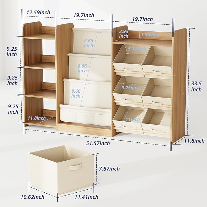 Kids Toy Book Storage Organizer - Large Bookshelf with 7 Removable Bins, Baby Bookshelf and Toy Storage, 4-Tier Book Shelf for Kids Room, Playroom, Classroom, 51 inch, Burlywood-Ruum Studio Home