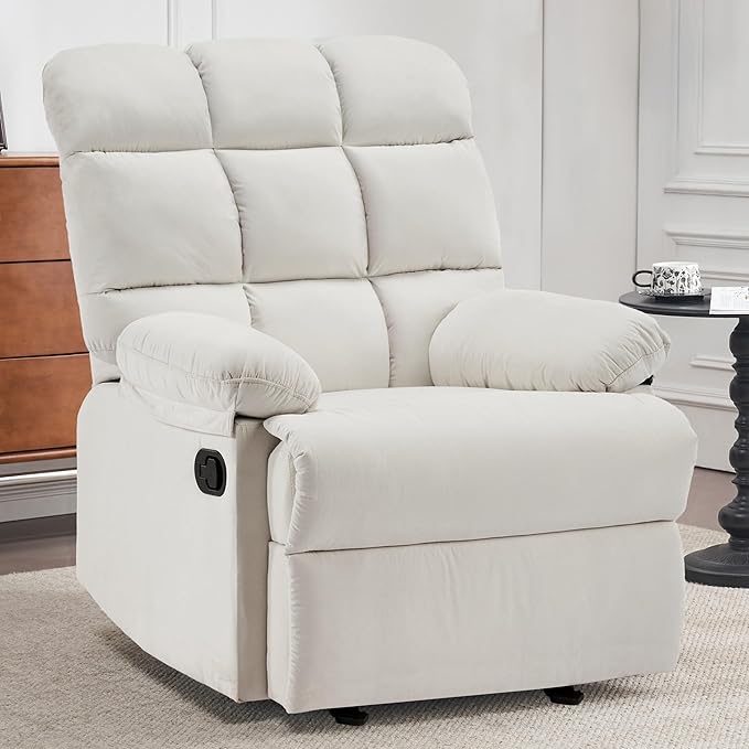 Rocker Recliner Chair, Overstuffed Manual Rocking Recliner for Adults, Upholstered Comfy Soft Fabric Living Room Reclining Sofa Chair (Beige Fabric)-Ruum Studio Home