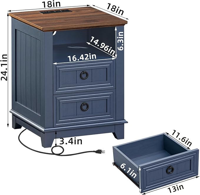 18" Farmhouse Night Stands Set of 2 with Charging Station, 2 Drawers End Table Dresser for Bedroom, Blue Wooden Nightstand, Bed Side Table with Open Shelf, Bedside Cabinet for Living Room-Ruum Studio Home