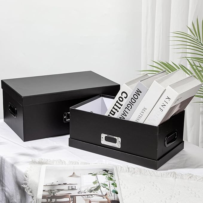 Briful Decorative Storage Boxes with Lids Set of 2 – 14'' + 13'' Set Rectangular Nesting Boxes – Cardboard Organizer with Lift-Top Lid – Black Wood for Home & Office-Ruum Studio Home