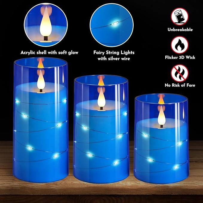 NURADA Flickering Flameless Candles: 3D Wick Built-in Star String Lights Acrylic Unbreakable Battery Operated LED Pillar Candles with Remote and Timer - 3 Pack for Wedding Valentine's Day Decor-Ruum Studio Home