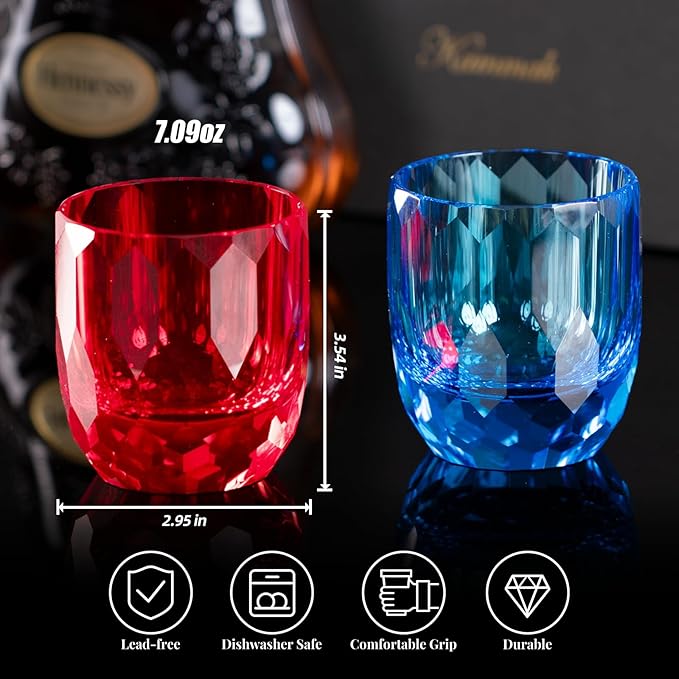 KAMMAK Crystal Whiskey Glasses Set of 2, 7oz Old Fashioned Glasses Stemless, Hand Blown Colored Cocktail Glasses, Engagement Gifts for Couples, Women, Men-Ruum Studio Home