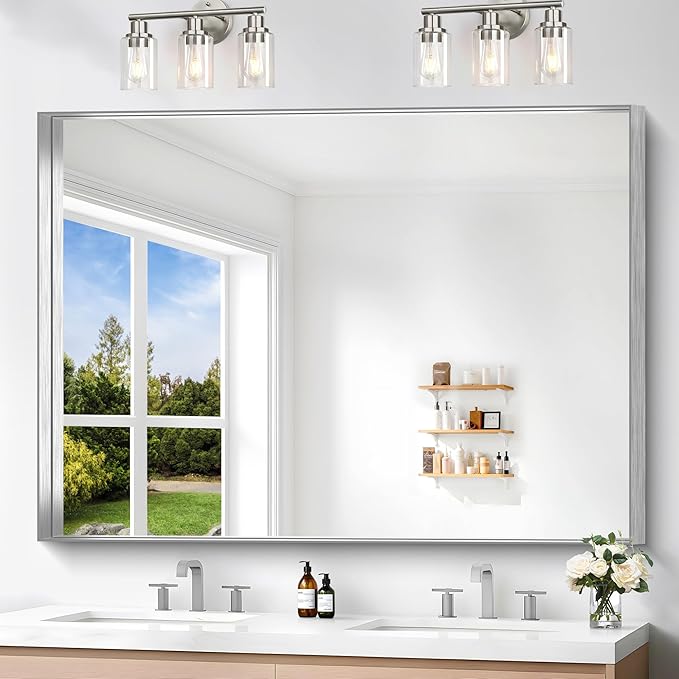 Silver Bathroom Mirror, 36x48 Inch Rectangular Deep Frame Mirror, Large Wall Mounted Bathroom Vanity Mirror Over Sink for Bedroom,Restroom, Living Room, Hangs Vertically or Horizontally-Ruum Studio Home