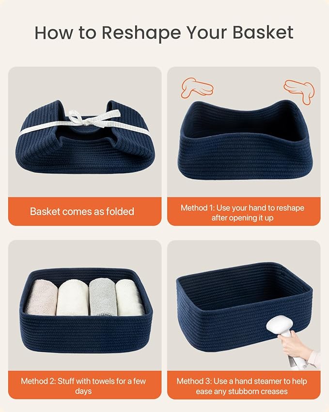 Small Woven Basket, 13.5 x 9.5 x 5 Inches, Storage Basket for Organizing, Cute Small Rope Shelf Closet Cube Storage Bins Baskets for Shelves, Dog Toy Gift Baskets Empty, 3 Packs, Navy Blue-Ruum Studio Home