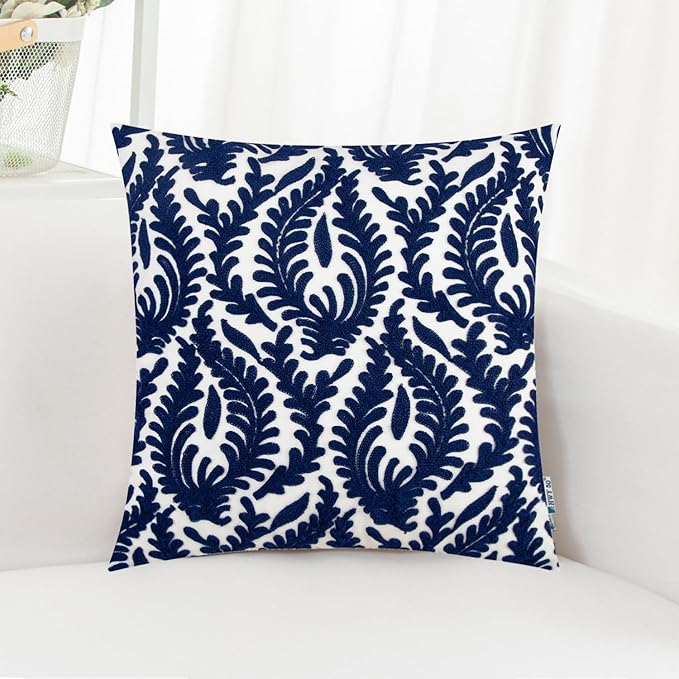 HWY 50 Navy Blue Decorative Throw Pillow Covers 18x18 Inch (1 Piece), Embroidered Cotton Farmhouse Cushion Cover Pillow Case for Sofa Couch Living Room Bed Bedroon, Floral Branches-Ruum Studio Home