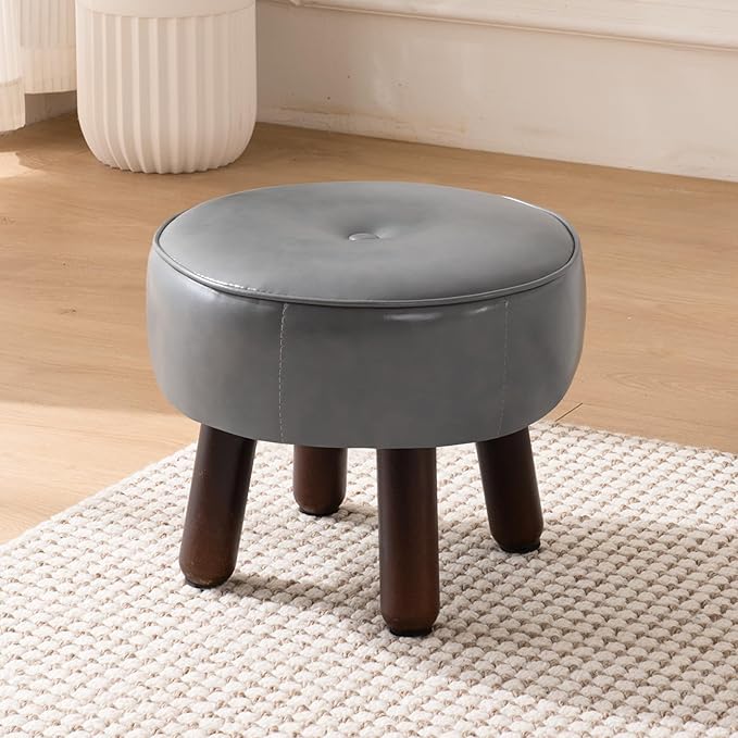 Ottoman, Small Foot Stool, Round Leather Pouf Ottoman, 13''L x 13''W x 10.2''H Foot Rest with Non-Skid Rubber Legs for Living Room Bedroom Couch Entryway, Grey-Ruum Studio Home
