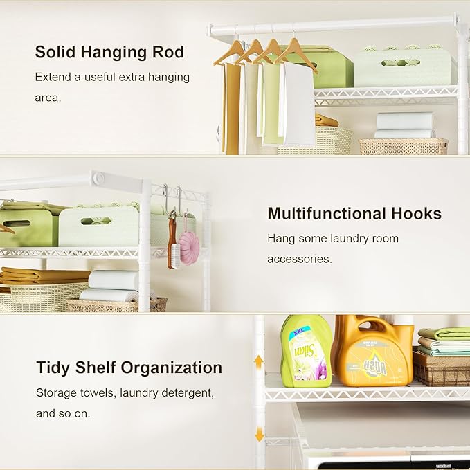 Ulif U11 Over Washer and Dryer Shelves, 3 Tiers Laundry Room Storage and Organizer Standing Shelf, Metal Freestanding Clothes Drying Rack, 33.9" W x 19.7" D x 77.6" H, White-Ruum Studio Home