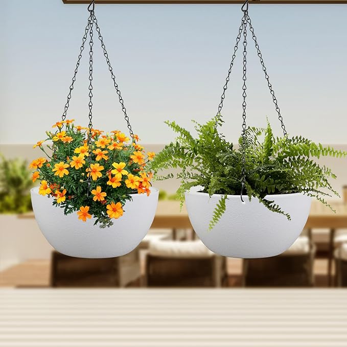 8 inch Small Hanging Planters for Indoor Outdoor Plants, 2 Pack Hanging Flower Pots with Drainage Holes and Chain for Garden Porch Plants, Plastic Hanging Baskets for House Plants, White-Ruum Studio Home