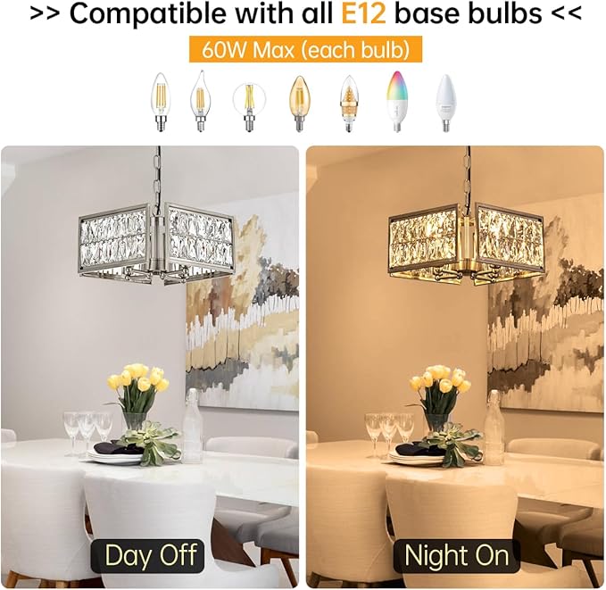 12” 4-Light Modern Crystal Chandeliers Nickel Dinning Room Light Fixture, Square Pendant Light Kitchen Island Chandelier, Flush Mount Ceiling Light for Living Room Entryway Bedroom Foyer-Ruum Studio Home