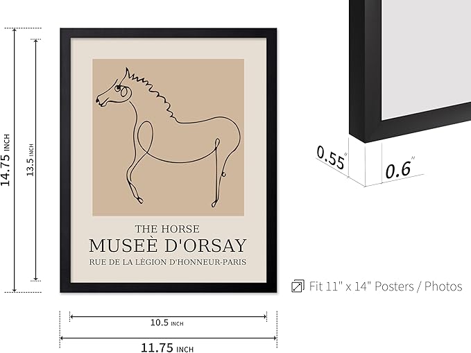Poster Master Vintage Poster - Retro Minimalist Print - Gift for Artist, Friend - Horse, Line Drawing, Sketch, Abstract - Wall Decor for Living Room, Bedroom, 11x14 Black Framed-Ruum Studio Home