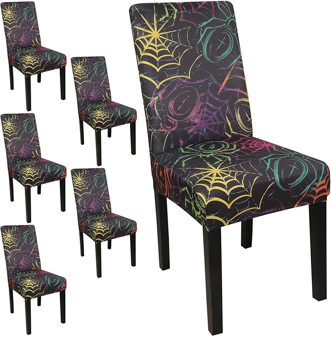 JQinHome Spider Halloween Chair Slipcover,Web Black Chair Covers Set of 6, High Stretch Washable Chair Protector Cover for Dining Room, Kitchen,Home Party,Wedding Ceremony(Spider,6PC)-Ruum Studio Home