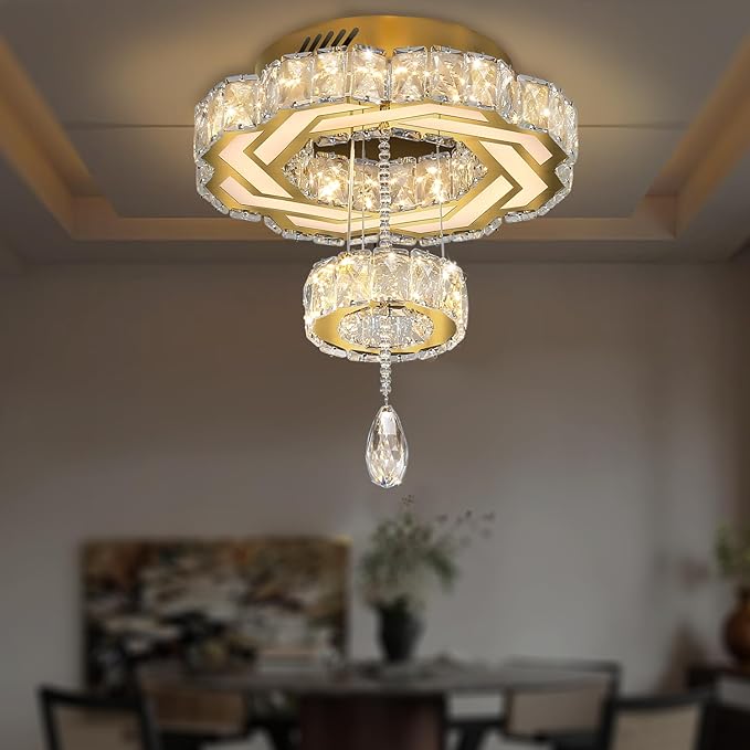 Flashing God Small Crystal Chandeliers Dia 12" Gold Chandelier Flush Mount Ceiling Light for Bedroom Living Room Dining Room Hallway Dimmable 3 Rings LED Celing Lighting Fixtures-Ruum Studio Home