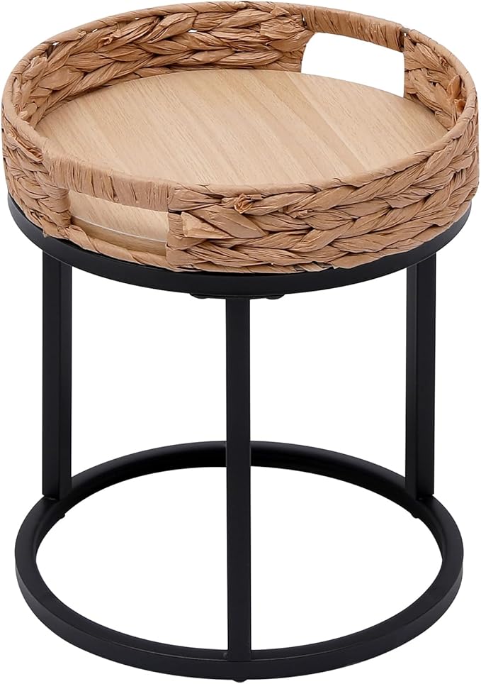 Nesting Coffee Table, Small Round Stacking Side Table with Metal Frame, Modern End Table for Living Room Bedroom Office Balcony (Rattan, 1)-Ruum Studio Home