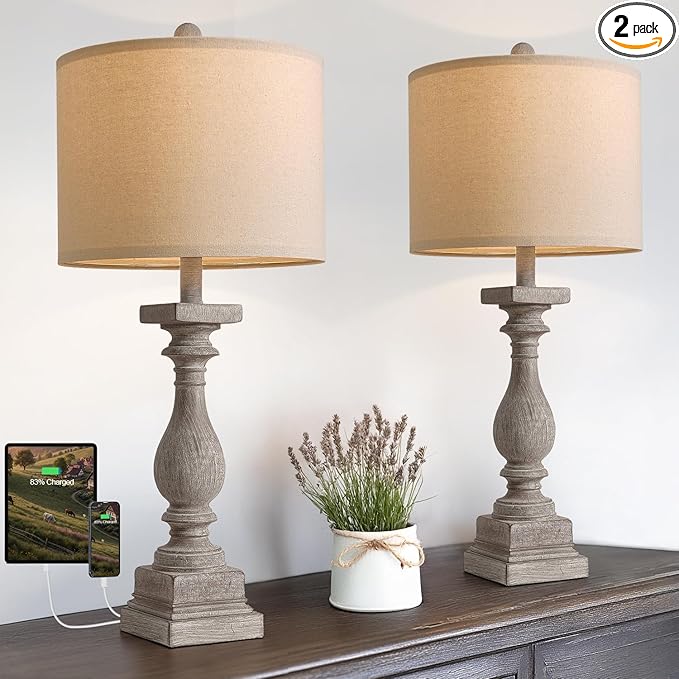 BOBOMOMO 27" Farmhouse Table Lamps with USB-A +C Ports, Vintage Rustic Lamps for Living Room, Linen Shade, Retro Side Table Lamps Set of 2 for Living Room,Bedroom,Night Stands,Office, Home Decor-Ruum Studio Home