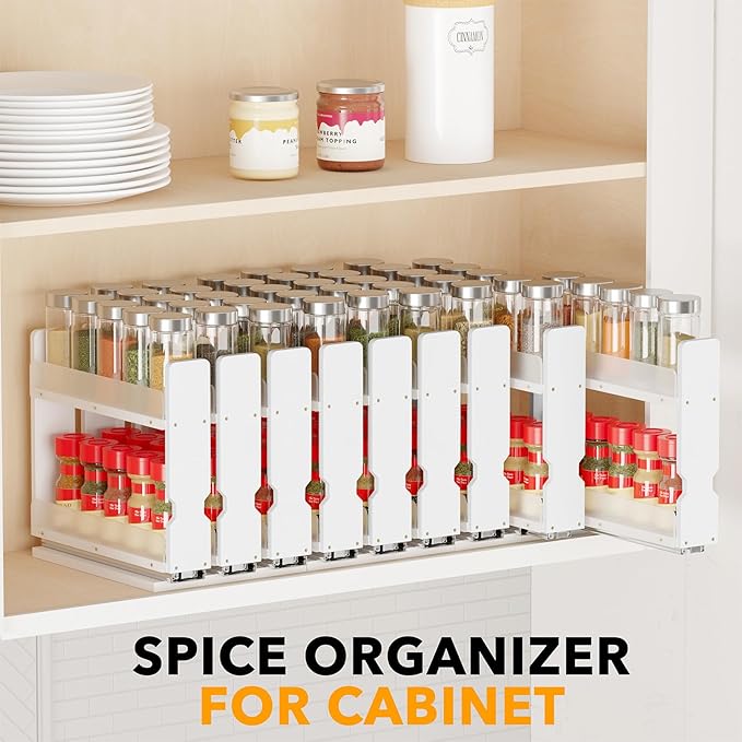 SpaceAid Bamboo Pull Out Spice Rack Organizer for Cabinet, Heavy Duty Slide Out Seasoning Kitchen Pantry Sliding Vertical Organization, 7.6" Wide, 3 Drawers(2" Wide), 2-Tier, White-Ruum Studio Home