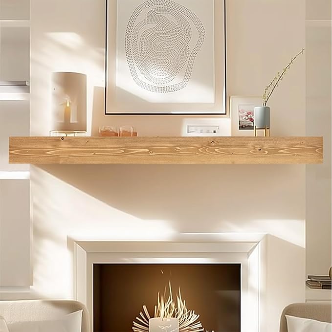72x8x3 Fireplace Mantel - Handcrafted Hollow Rustic Solid Wood Wall Mounted Floating Shelf with Invisible Heavy Duty Wood Bracket (Natural Wood)-Ruum Studio Home