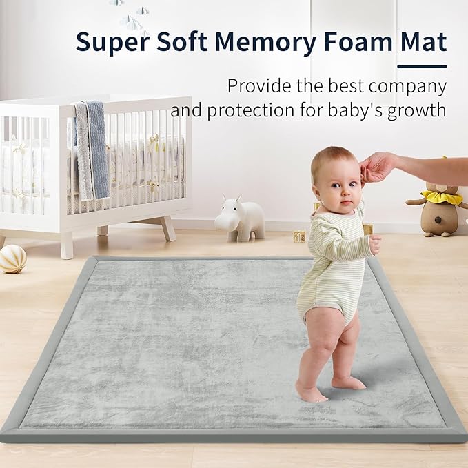 ACOMOPACK Baby Play Mat for Floor 1.3" Thick Memory Foam Play Mat 39"×59" Tummy Time Crawling with Non-Slip Bottom for Living Room,Nursery,Soft Velvet Playpen Mats for Kids,Infants（Light Grey）-Ruum Studio Home