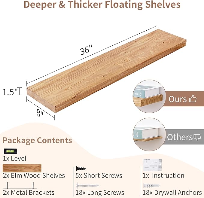 Axeman Floating Shelves for Wall, 8 Inch Deep Rustic Solid Elm Wood Wall Shelves for Storage, Wall Mounted Display Shelving with Invisible Heavy-Duty Metal Bracket, 36'' Width Set of 2, Natural-Ruum Studio Home