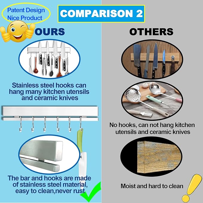 YIIYIIN 12" Premium 304 Stainless Steel Double-Sided Magnetic Knife Holder for Wall or Fridge -with Adhesive Strip, No Drill -6 Hooks Included for Kitchen Utensils-Ruum Studio Home