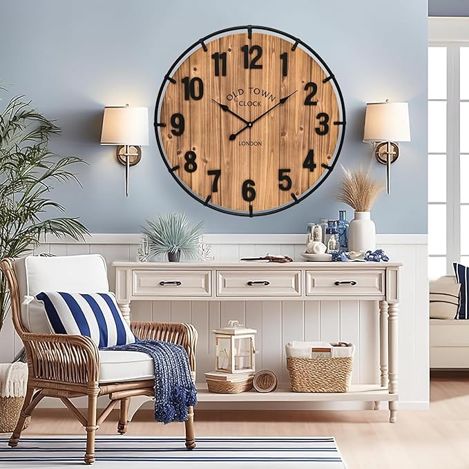 Large Old Town Farmhouse Wall Clock 30 Inches Rustic Antique Wood with Metal Circle and Large Numerals Silent Battery Operated Wall Clock for Office Kitchen Bedroom Living Room-Ruum Studio Home