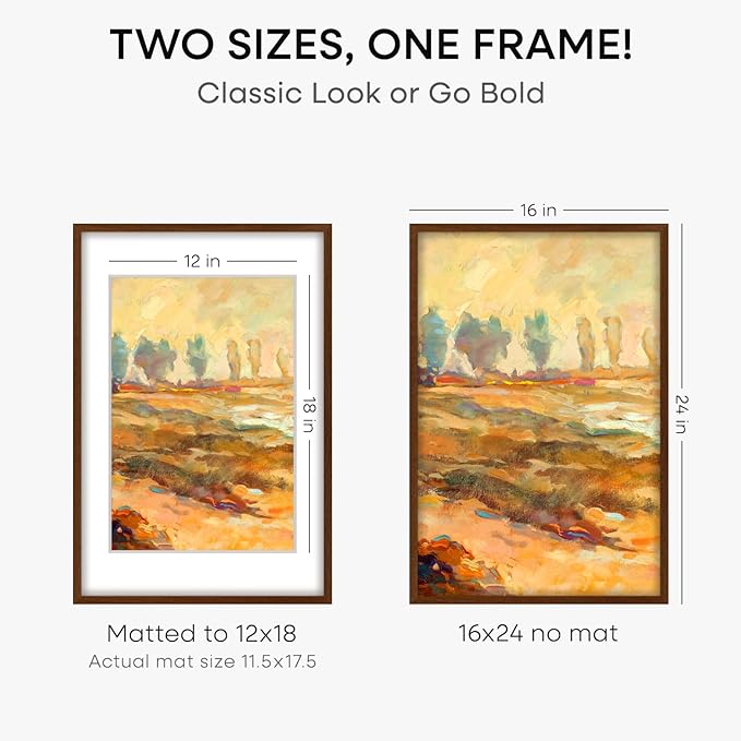 Homeforia Walnut Picture Frame 16x24, High End Dark Oak 16x24 Brown Wooden Frames with Mat 12x18, 16 x 24 Wood Poster Frame Matted to 12 by 18, 24x16 Hanging Frames, Tempered Glass, Wall Kit, Set of 1-Ruum Studio Home