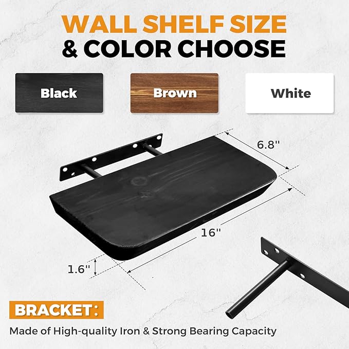 16"x6.8"x1.6" Slanted Floating Wall Shelves 2-Pack - Rustic Black Finish, Heavy-Duty Solid Wood Design with Hidden Brackets - Perfect for Living Room, Kitchen, Bathroom, or Office-Ruum Studio Home