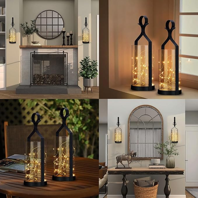 Metal Wall Sconce 35 Led Lantern Set of 2 - Black Wall Mounted Hanging Holder with Glass & Candles Vintage Wall Decor for Porch, Living Room, Dining Room, Bedroom Indoor Decor-Ruum Studio Home