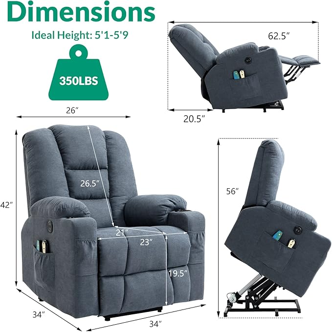 VIVIJASON Power Lift Chair Electric Recliner for Elderly Heated Vibration Massage Soft Fabric Recliner Chair with 2 Remote Controls, USB Ports, Side Pockets & Cup Holders for Living Room (Blue)-Ruum Studio Home