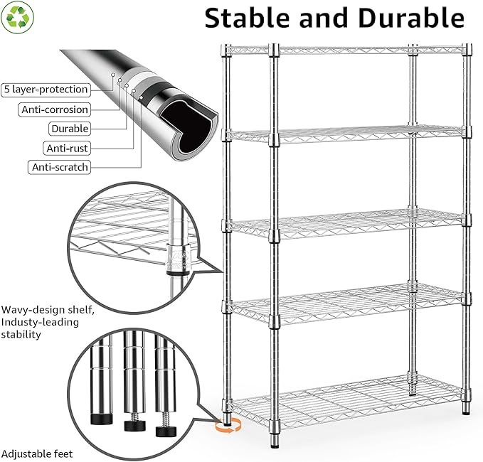 1250 lbs Steel Heavy Duty 5-Tier Utility Shelving Unit Steel Organizer Wire Rack for Home,Kitchen,Office,Chrome (13.7" D x 23.6" W x 62.4" H)-Ruum Studio Home