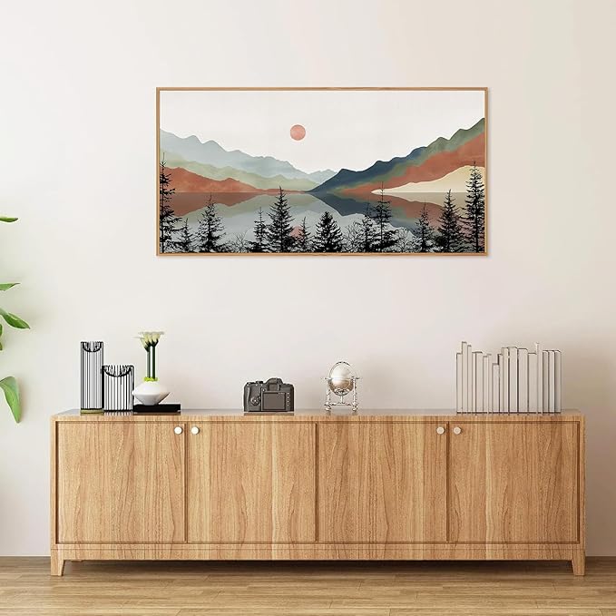 Tinonedraw Boho Mountain Framed Canvas Wall Art Set, Watercolor Nature Landscape Wall Decor, Neutral Modern Sunrise Artwork, Black Pine Trees Forest Art Prints for Living Room Bedroom Office 20"x40"-Ruum Studio Home