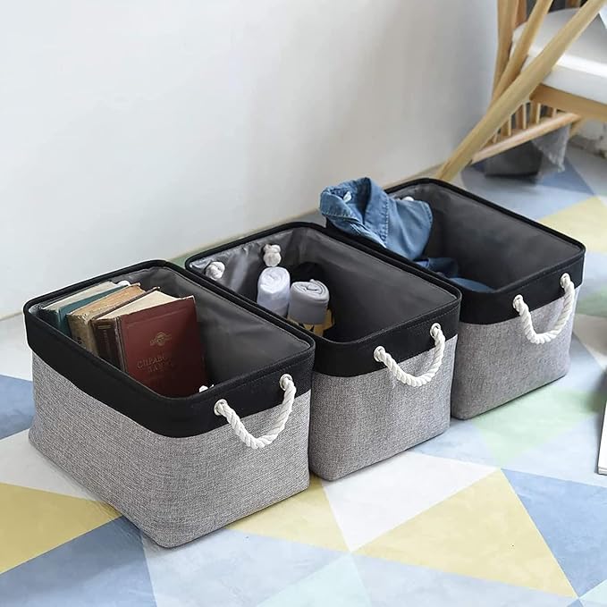 TheWarmHome Collapsible Storage Bin for Shelves - 16x12x8 inch Large 3 Pack Storage Basket for Organizing with Rope, Fabric Storage Cubes for Organizer Toy Cloth Gift Closet (Black & Grey)-Ruum Studio Home