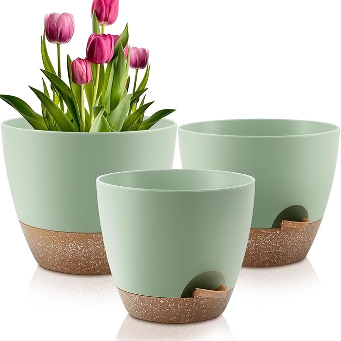 Plant Pots 12/10/9 Inch Self Watering Pots, Set of 3 Plastic Planters with Drainage Holes and Saucers,Plastic Flower Pots,Nursery Planting Pot for Indoor Out Door Plants(Green)-Ruum Studio Home