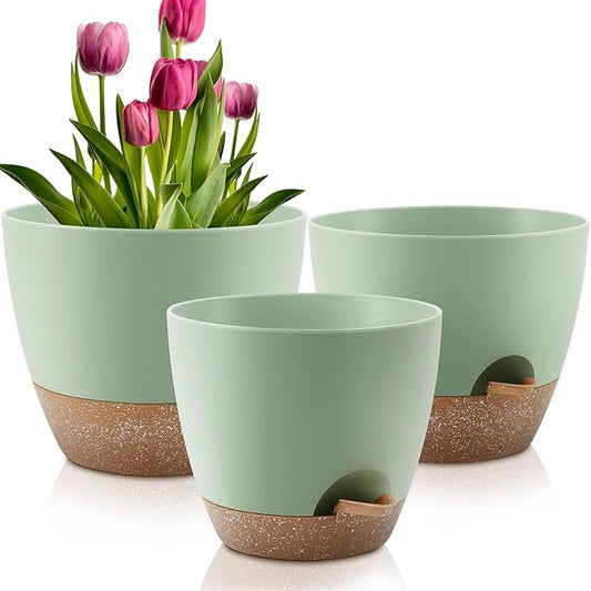 Plant Pots 12/10/9 Inch Self Watering Pots, Set of 3 Plastic Planters with Drainage Holes and Saucers,Plastic Flower Pots,Nursery Planting Pot for Indoor Out Door Plants(Green)-Ruum Studio Home