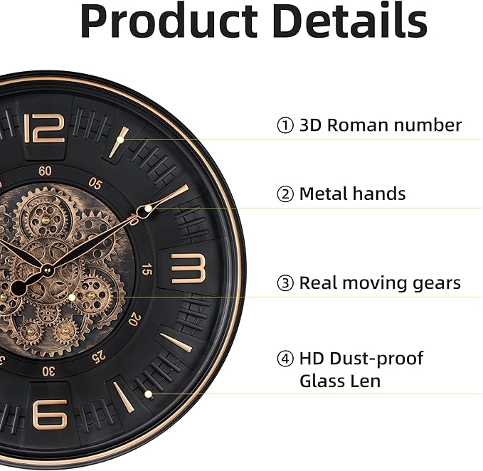 20in Large Real Moving Gears Wall Clock for Living Room, Battery Operated Wall Clocks Decorative Vintage, Home Office Clock, Gift for Family, Friends-Ruum Studio Home