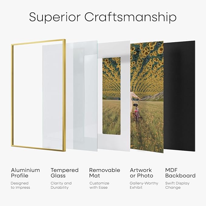 Homeforia A5 Picture Frame Gold, High End Metal 5.8 x 8.3 Frames Matted to 4.1 by 5.8 inch Photo, A5 Frame with Mat A6, 5.8x8.3 Poster Frames, 8.3x5.8 Display Frame, Tempered Glass, Wall Kit, Set of 1-Ruum Studio Home