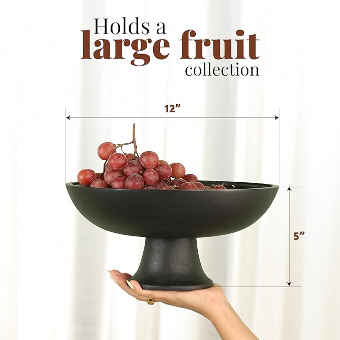 Folkulture Wooden Fruit Bowl for Kitchen Counter | 12" Large Premium Eco Friendly Banana Fruit Basket for Kitchen | Black Wood Bowl with Holder, Pedestal for Table Decor, Centerpiece for Dining Table-Ruum Studio Home