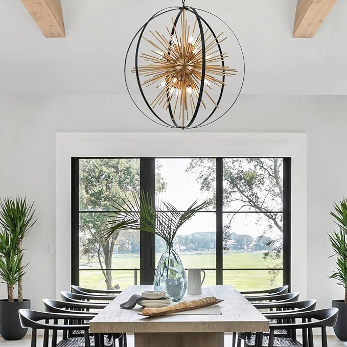 31.5" Black Gold 16-Light Globe Sputnik Chandelier Modern Industrial Adjustable Hanging Ceiling Firework Pendant Light Fixture for Entryway Foyer Stairway Bedroom Dining Living Room Hallway-Ruum Studio Home