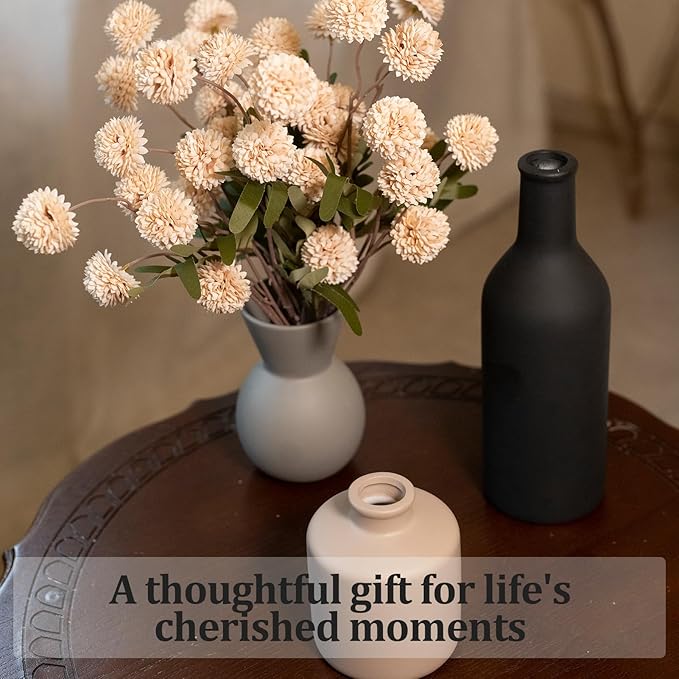 Fake Flowers in Vase for Centerpieces, Faux Flowers in Modern Ceramic Vase Set of 3 with 8 Artificial Autumn Chrysanthemums Home Decor-Ruum Studio Home