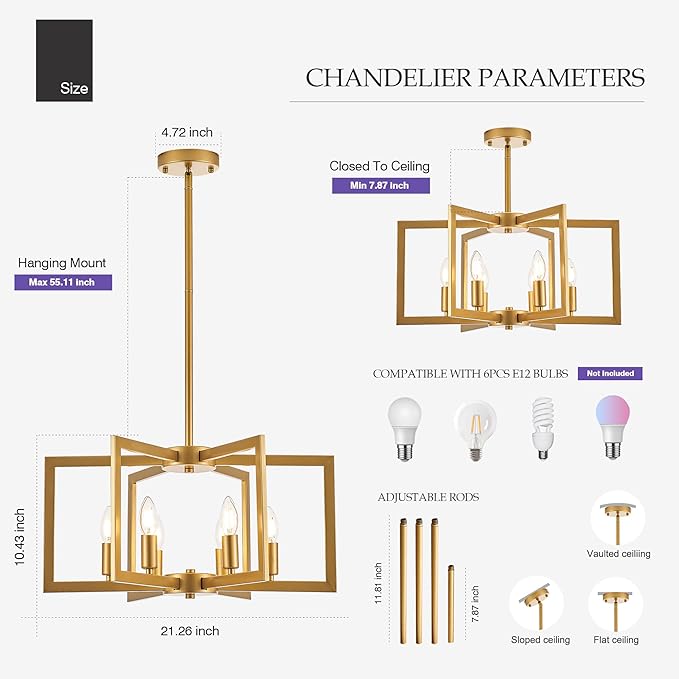 Modern Farmhouse Gold Chandeliers for Dining Room, 6-Light Industrial Metal Chandeliers Geometric Pendant Lights Kitchen Island for Entryway Stairway Foyer Hallway-Ruum Studio Home