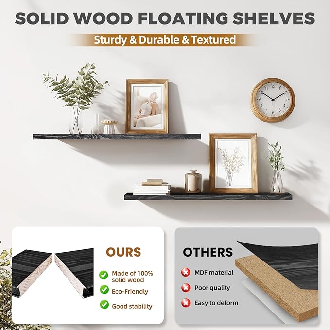 36"x6.8"x1.2" Solid Wood Floating Shelves 2-Pack - Rustic Black Finish with Hidden Brackets, Perfect for Storage and Décor in Living Room, Kitchen, Bedroom-Ruum Studio Home