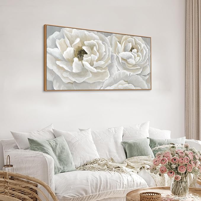 arteWOODS Cream White Flowers Framed Wall Art - Soft Peony Pictures for Wall Decor Elegant Blossom Flower Painting Artwork Botanical Prints for Living Room Home Office Wall Decoration 20" x 40"-Ruum Studio Home