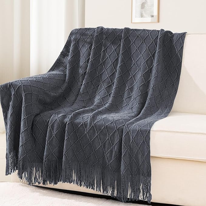 inhand Knit Graphite Grey Throw Blanket for Couch, Soft Living Room Home Decor Knitted Twin Size Blanket, Outdoor Lightweight Breathable Summer Blanket, Farmhouse Warm Woven Decorative, 60"x80"-Ruum Studio Home