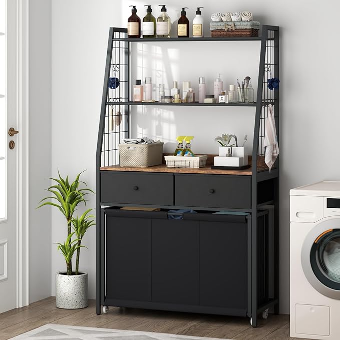 Laundry Hamper Laundry Basket with 3 Section Pull-Out Rolling Bags & 2-Tier Storage Shelf, Laundry Sorter for Organization and Storage with 2 Drawers for Laundry Room, Bathroom-Ruum Studio Home