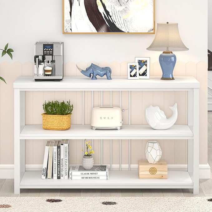 FOLUBAN Modern Sofa Console Table for Entryway, 3 Tier Wood Foyer Table for Hallway Living Room Behind Couch, White Oak-Ruum Studio Home