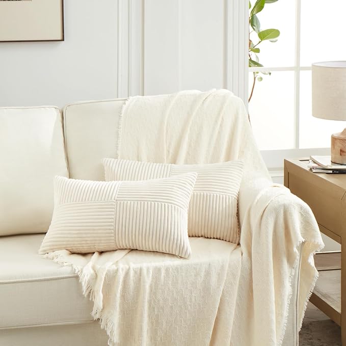 Fancy Homi 2 Packs Cream Lumbar Decorative Throw Pillow Covers 16x32 Inch for Living Room Couch Bed Sofa, Rustic Farmhouse Boho Home Decor, Soft Striped Corduroy Rectangle Accent Cushion Case 40x80 cm-Ruum Studio Home