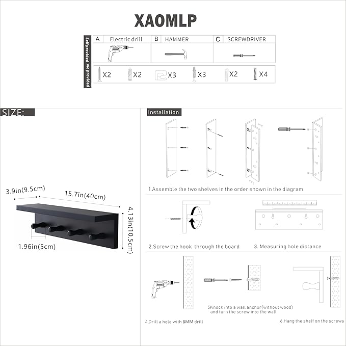 Entrance Coat Rack ，Coat Hooks, Wall-Mounted Wooden Hook Rack, Wall-Mounted Shelves are Very Suitable (Black Finish-1)-Ruum Studio Home