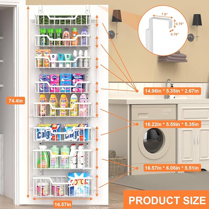 Over The Door Pantry Organizer, 8-Tier Pantry Door Organizer Shelves | 3 Sizes | Adjustable Basket | Metal Hanging Spice Rack for Kitchen, Pantry, Cabinet, Back of Door Seasoning Rack, White-Ruum Studio Home