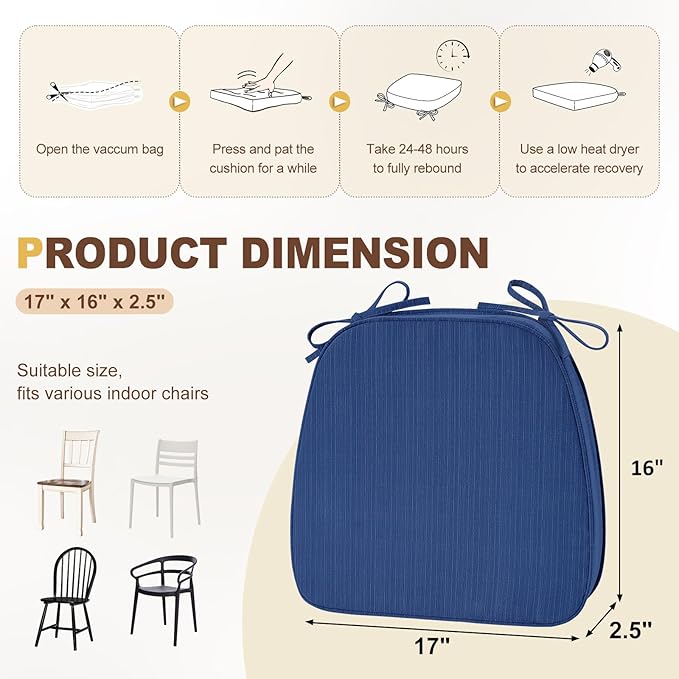 downluxe Chair Cushions for Dining Chairs, Waterproof Kitchen Chair Pads, Non-Slip Dining Seat Cushion with Ties, 17" x 16" x 2.5", Blue, 4 Pack-Ruum Studio Home