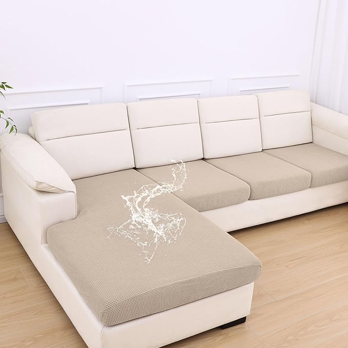 hyha Waterproof Couch Cushion Covers for Pets, Non Slip Sofa Seat Cover for Dogs Washable, Soft Thick Stretch Jacquard Fabric, Sofa Slipcovers with Elastic Bottom (1 Chaise+3 Seater, Taupe)-Ruum Studio Home